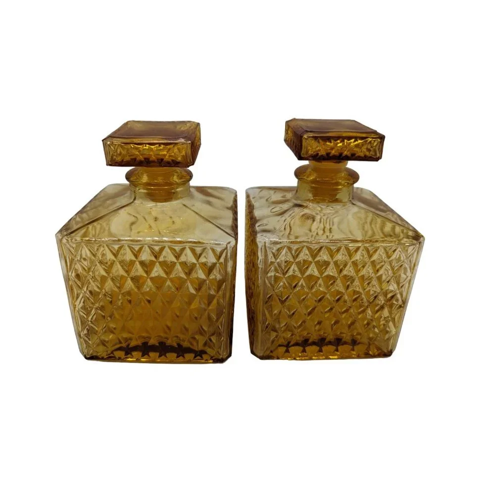Vintage Set of 2 MCM Amber Square Diamond Point Decanters W/ Glass Stoppers